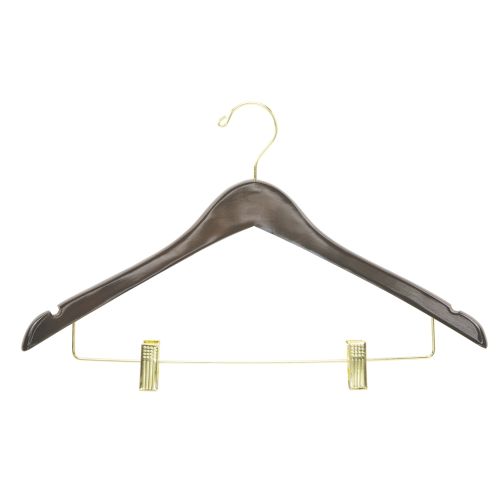 Percha para Ropa de Dama, Contorno de Gancho Abierto con Presillas, Nogal con Gancho y Presillas de Latón